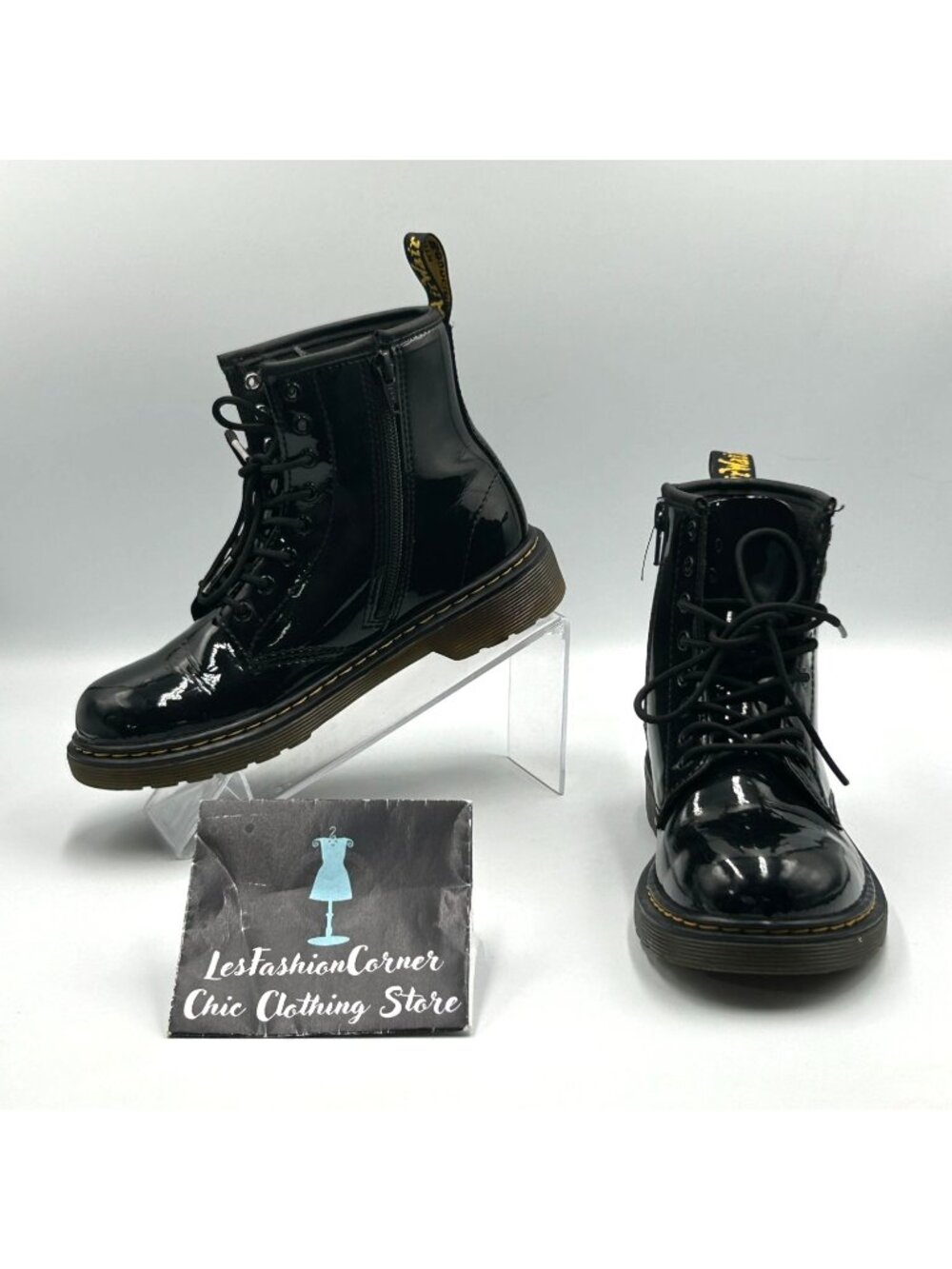 Dr. Martens Unisex Kids Black Patent Leather 1460 Lace-Up Boots Size 3 3075